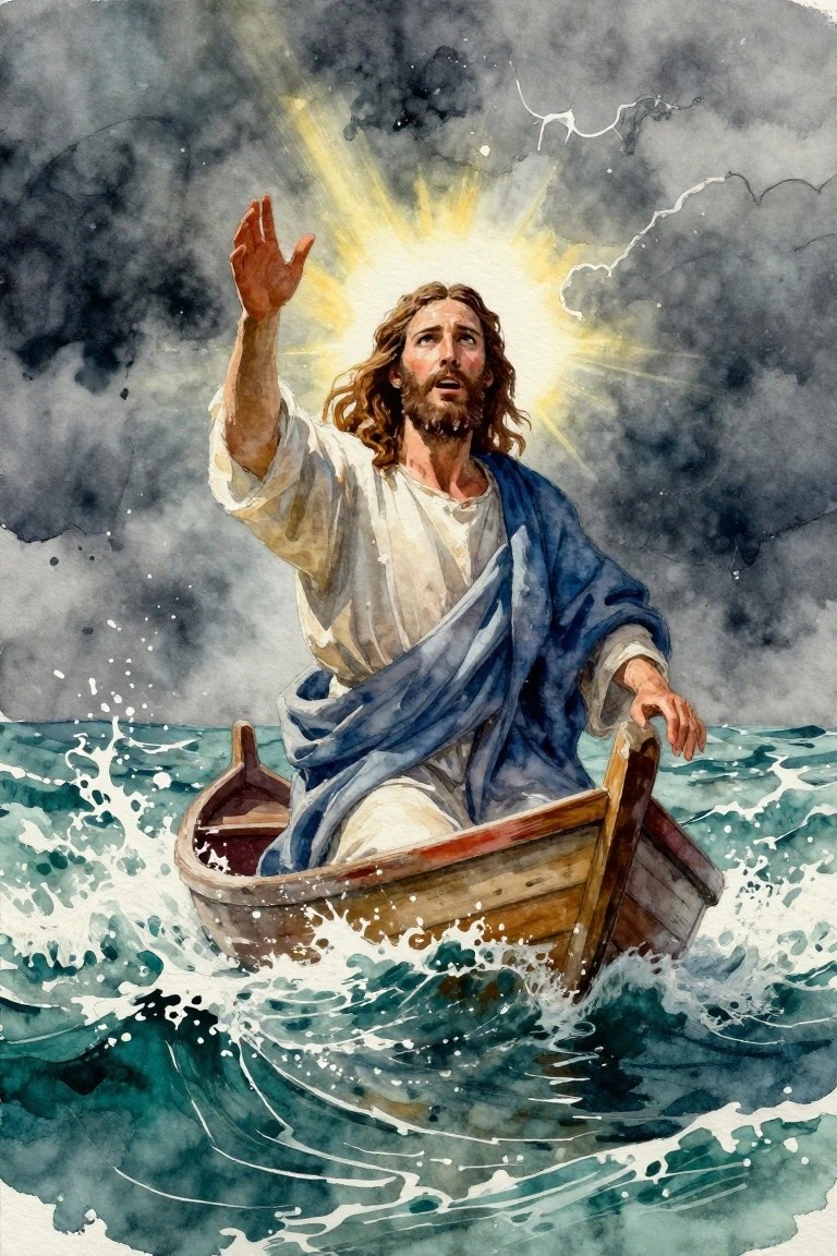 Jesus in white robe and blue cloak raises hand from boat on stormy seas