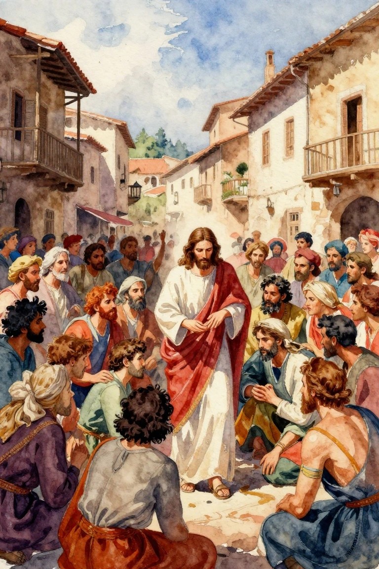 Jesus in white tunic and red robe amid crowd in ancient village street watercolor