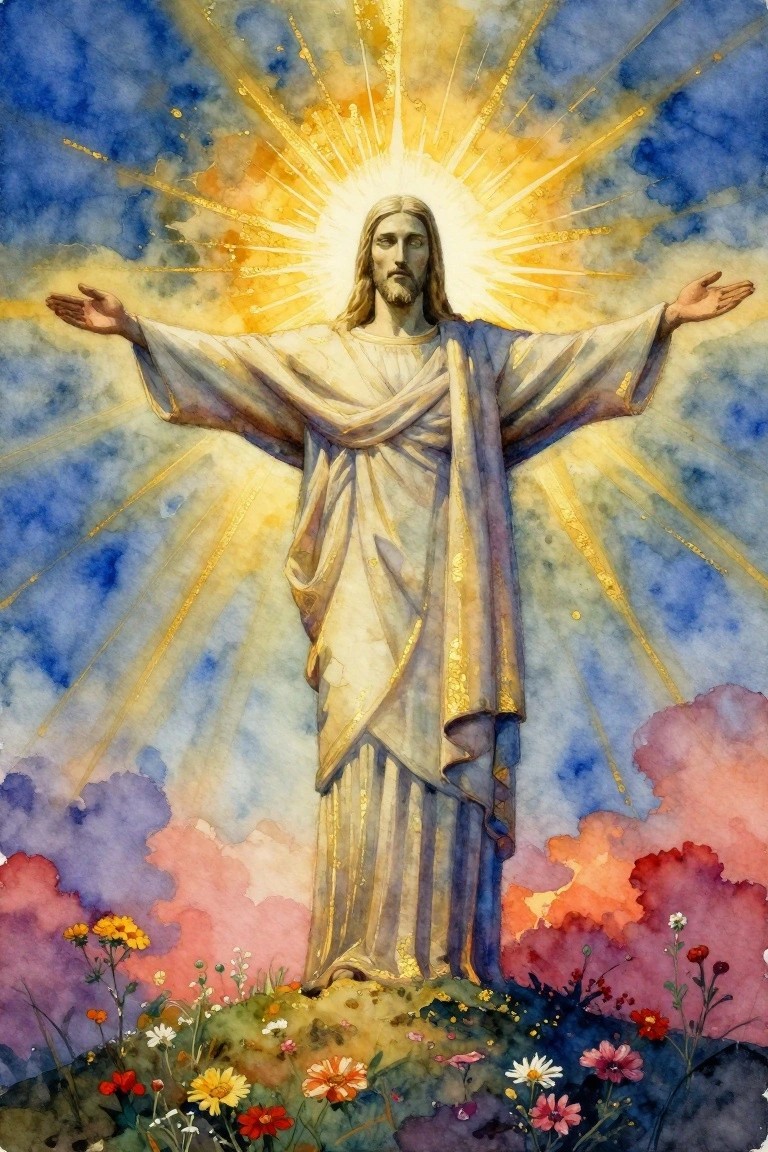 Watercolor Jesus in flowing robes with arms outstretched amid radiant golden rays and flowers