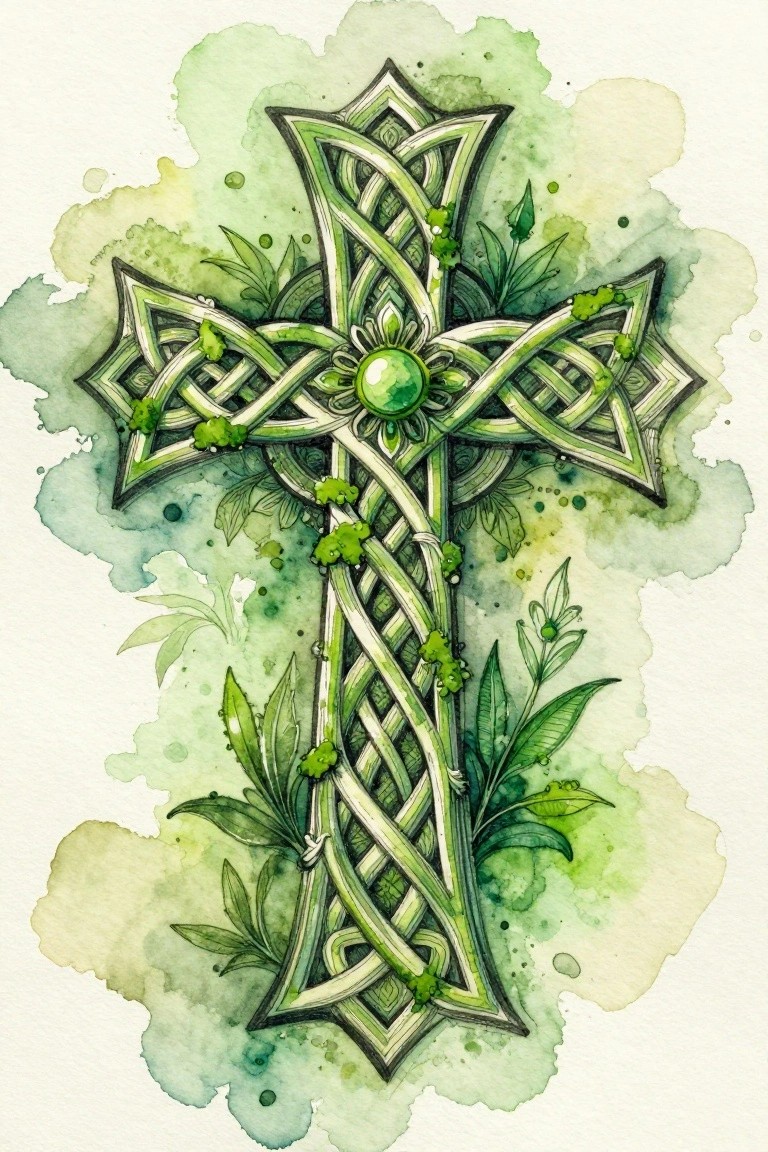 Ornate green Celtic cross with intricate knots, central gem, leaves, and watercolor splashes