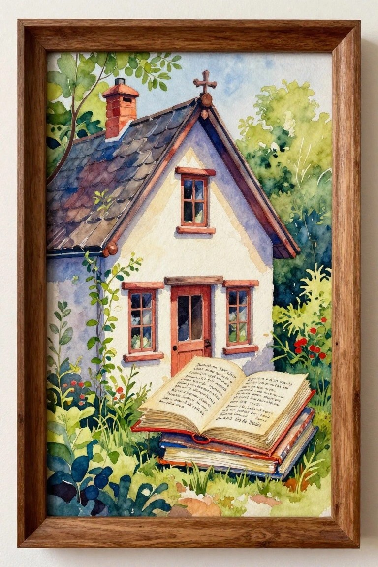 Watercolor painting of cottage with open book amid lush garden greenery
