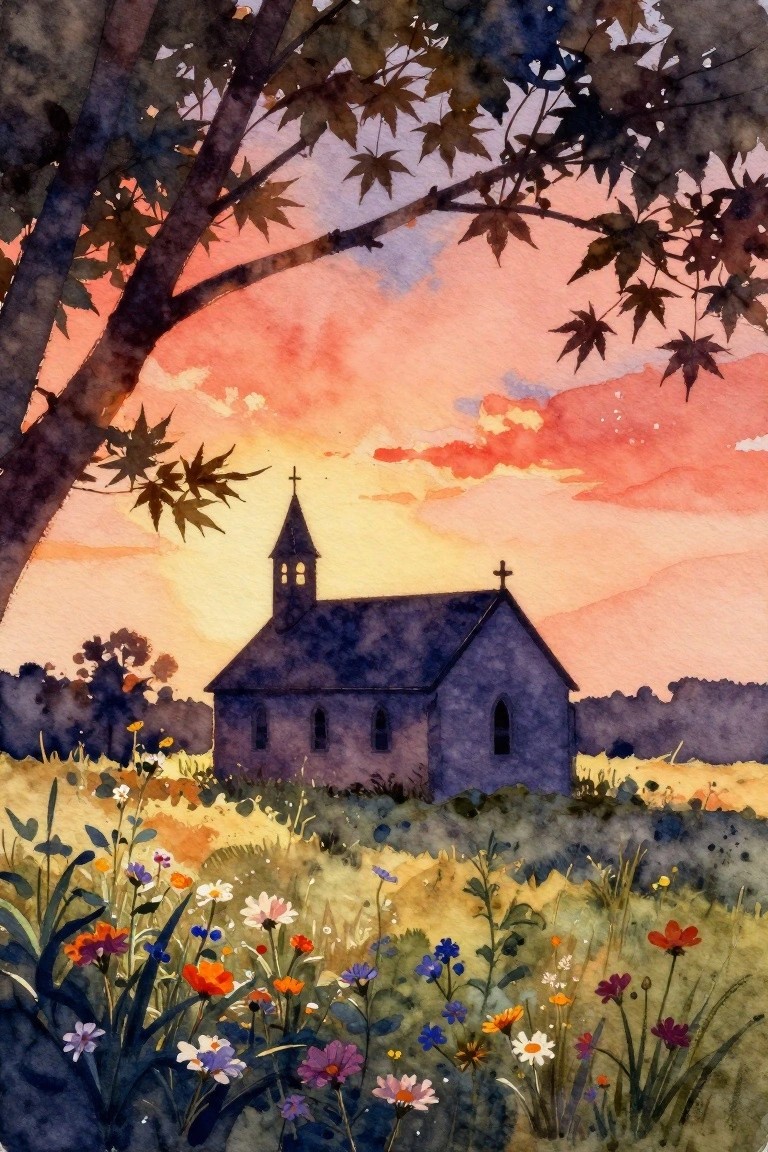 Watercolor of a church in a wildflower meadow beneath a colorful sunset sky.