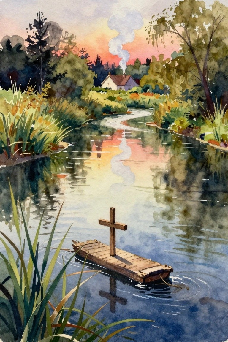 Watercolor of wooden cross on raft floating in winding river at sunset with house