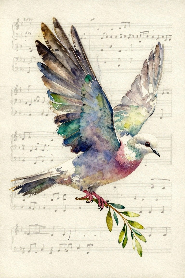 Watercolor dove with spread wings perched on olive branch over sheet music