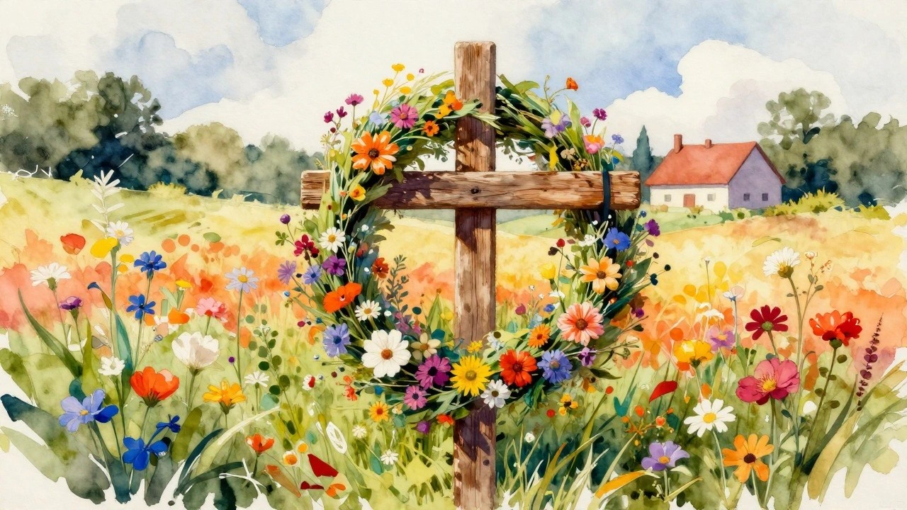 Wooden cross wrapped in colorful wildflowers in a blooming meadow with distant house