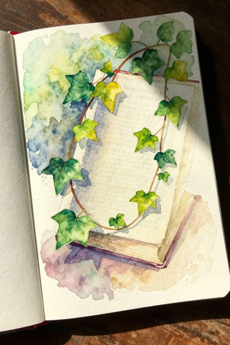 Watercolor painting of an open book with green ivy vines wrapping around the pages.