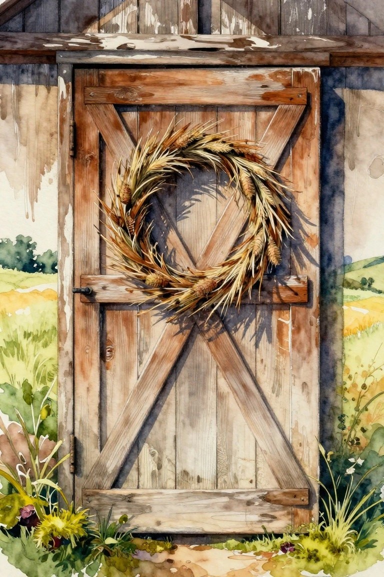 A watercolor painting of a wooden barn door with a wheat wreath hanging on it, surrounded by countryside fields and plants.