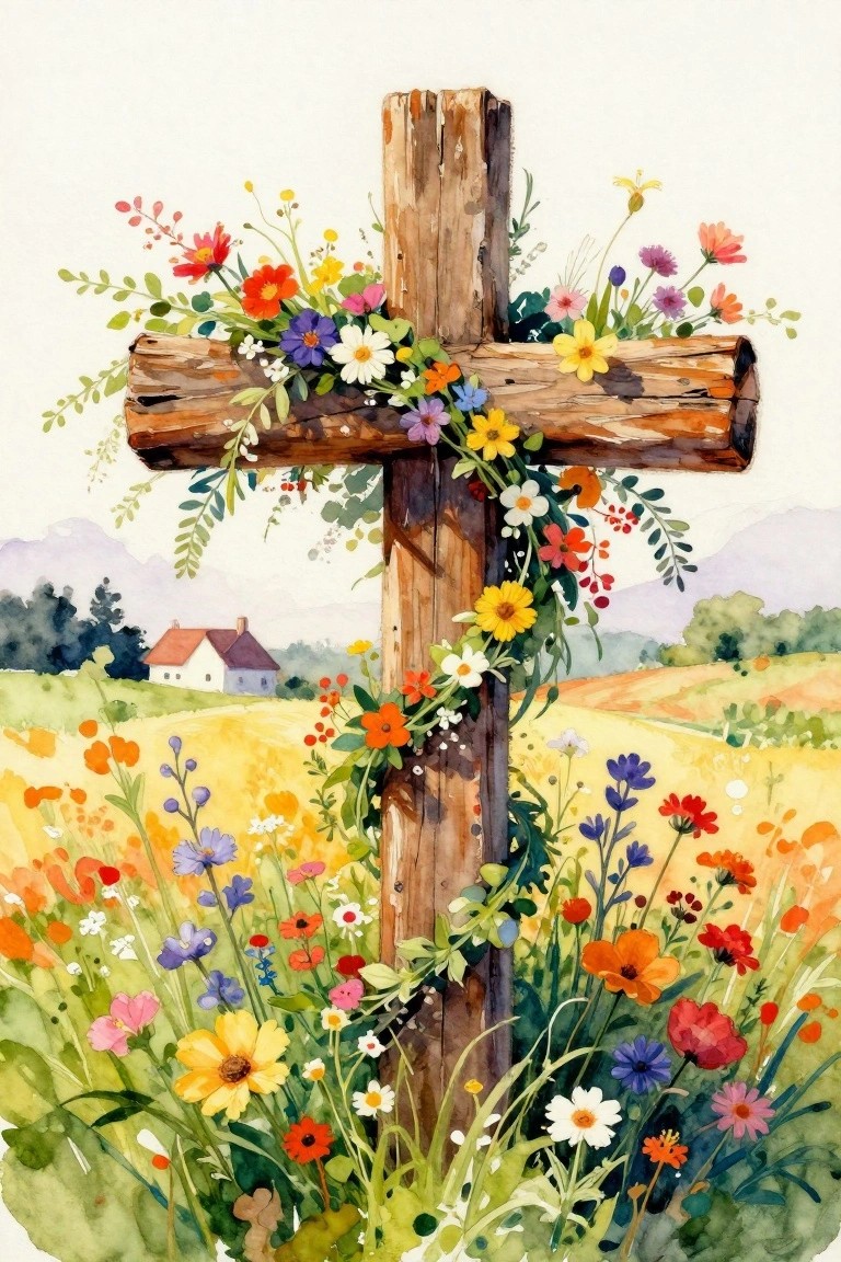 Wooden cross wrapped in colorful wildflowers in a blooming meadow with distant house