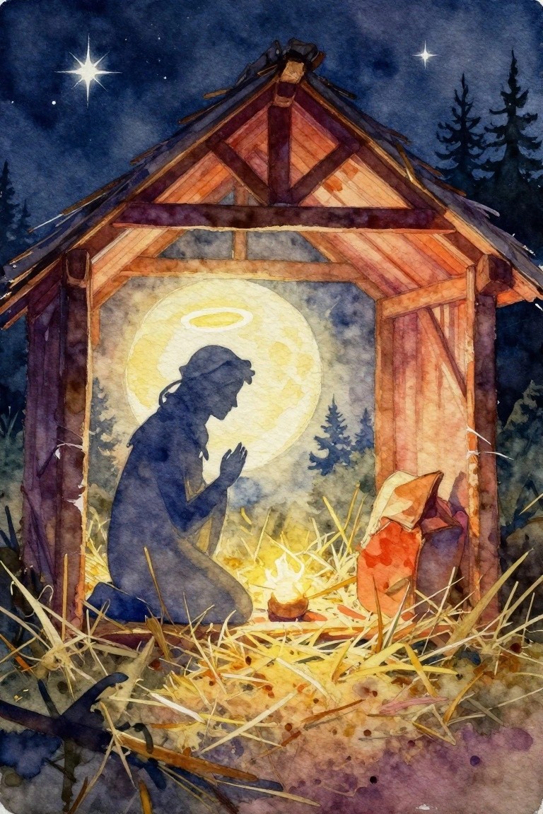 Watercolor nativity: silhouetted figure praying in stable under starry sky with halo and straw.