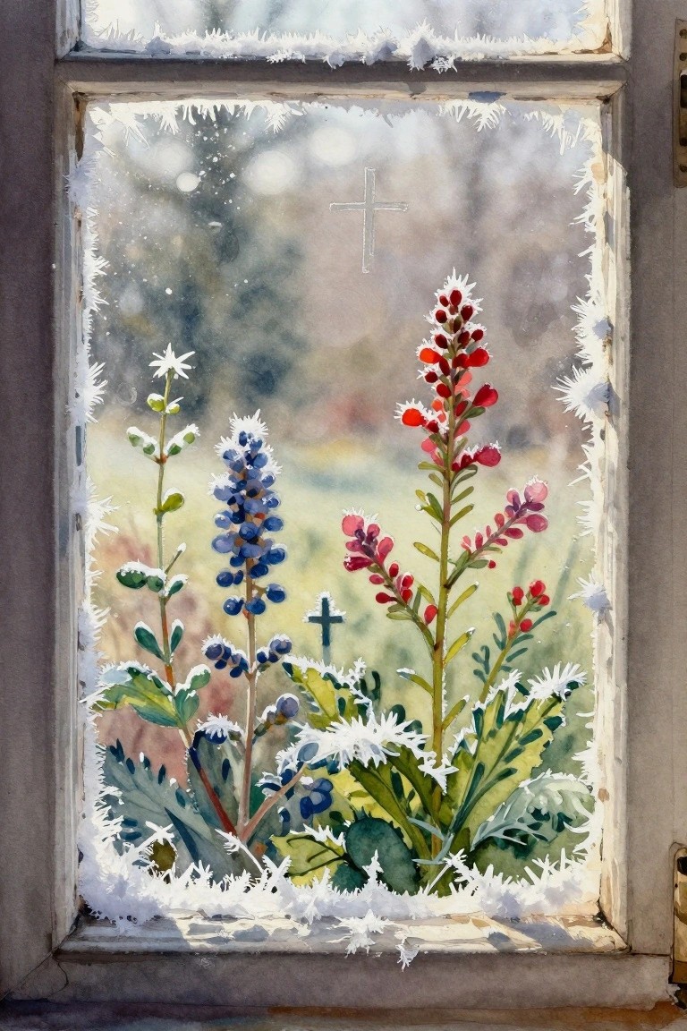 A watercolor painting of a frosted window with snow on the sill, red and blue snow-covered plants in front, and a cross visible through the glass in the background.