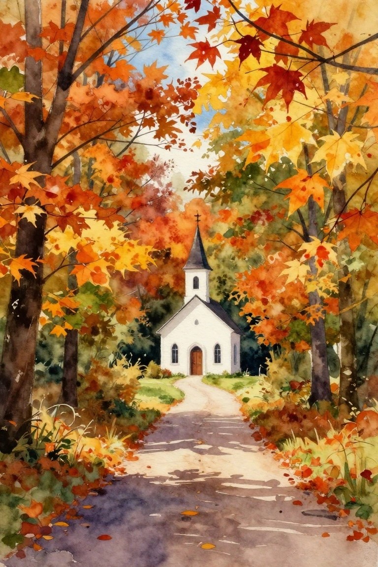 Watercolor of white church with steeple amid vibrant autumn trees and winding path.