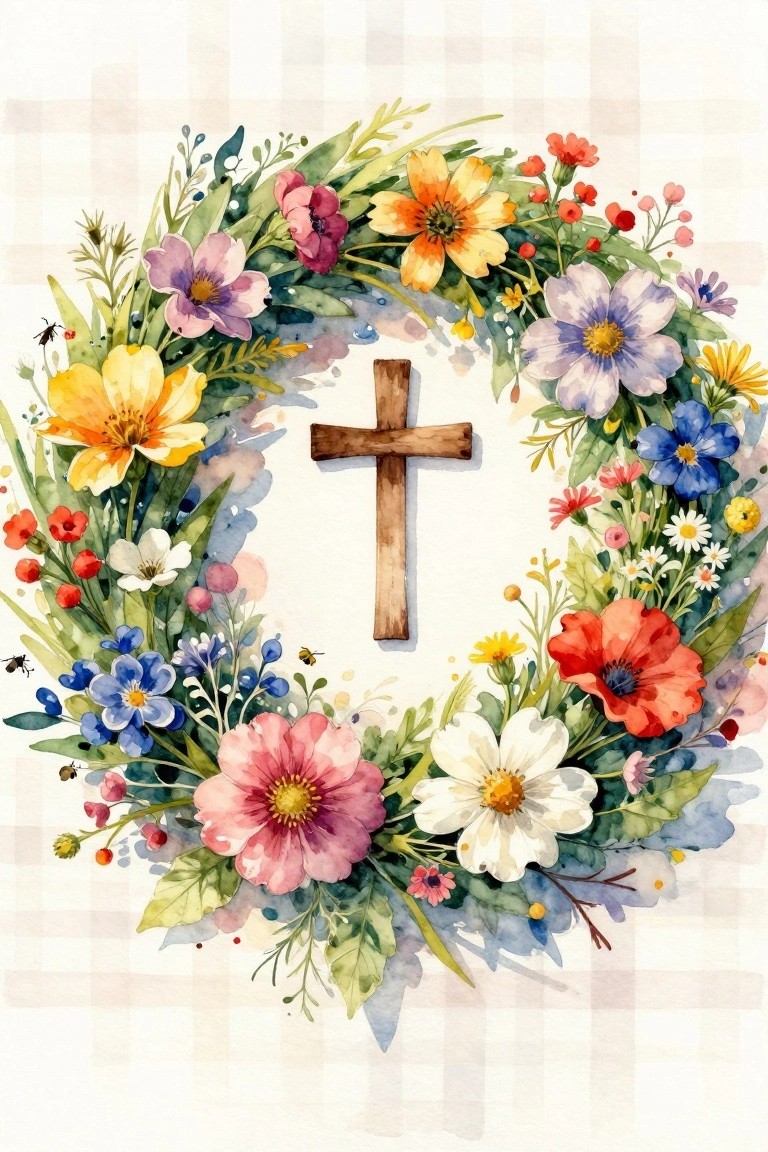 A watercolor-style painting of a colorful floral wreath surrounding a wooden cross on a light checkered background.