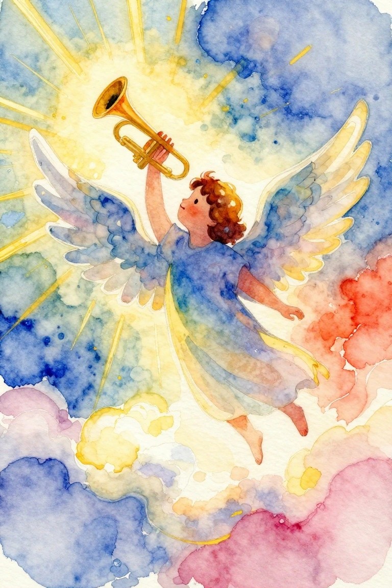 Watercolor angel with curly hair in blue dress plays golden trumpet amid colorful clouds