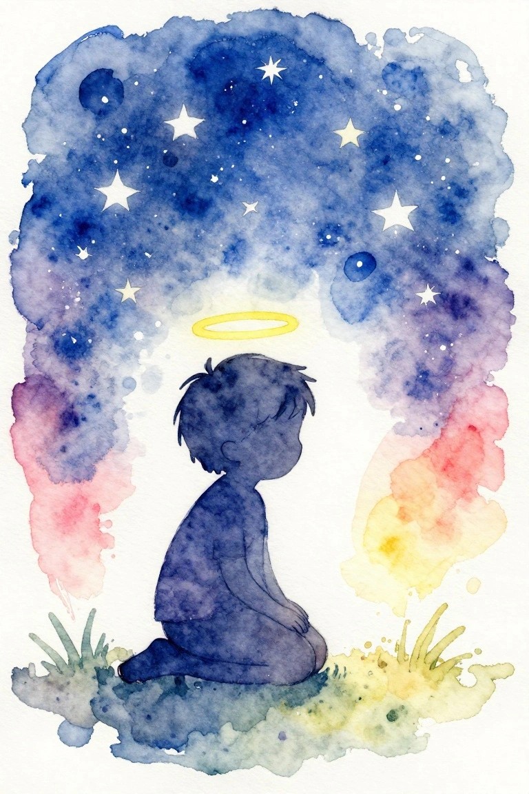 Watercolor of haloed child kneeling on grass under starry blue-purple night sky.