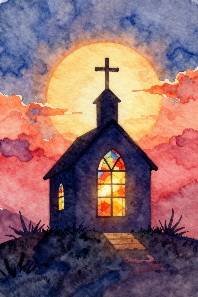 Watercolor church silhouette with glowing stained glass under large yellow sun at sunset.