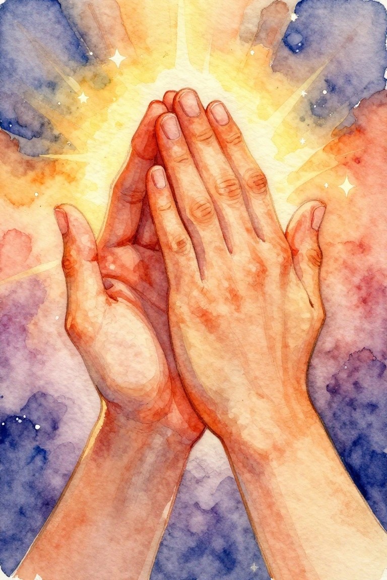 Two clasped hands glowing under radiant light in a starry watercolor cosmos.