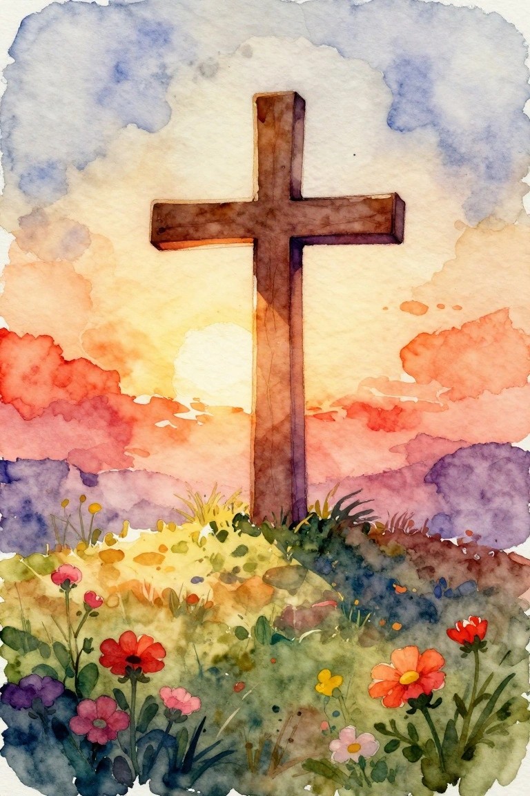 A watercolor painting of a wooden cross on a grassy hill with colorful wildflowers in the foreground and a vibrant sunset sky with clouds in the background.