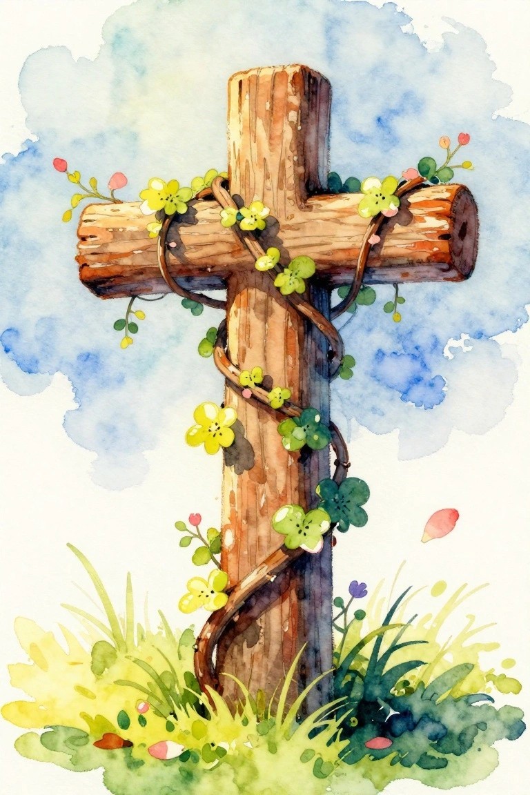 Watercolor painting of wooden cross wrapped in green vines with yellow flowers.