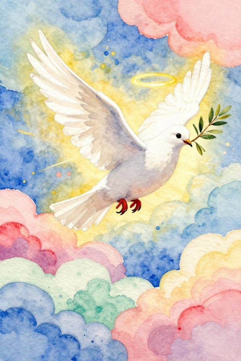 Watercolor white dove with olive branch and golden halo flying amid vibrant clouds.
