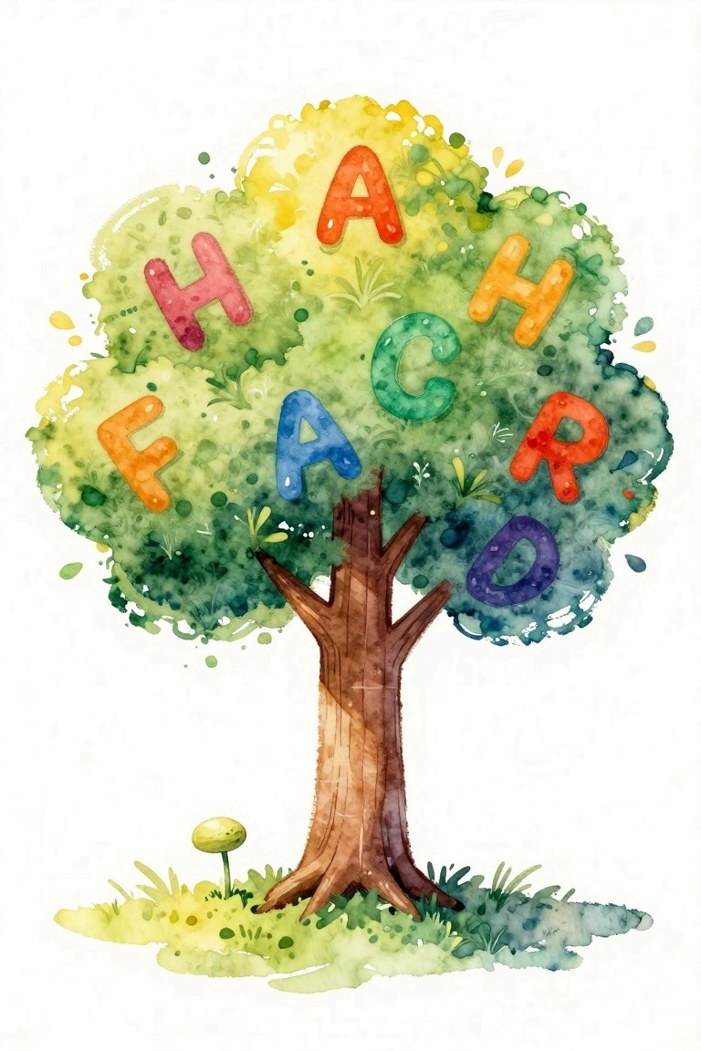 Watercolor tree with colorful letters scattered in its green foliage and brown trunk