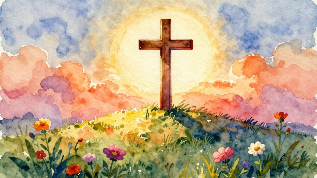 A watercolor painting of a wooden cross on a grassy hill with colorful wildflowers in the foreground and a vibrant sunset sky with clouds in the background.