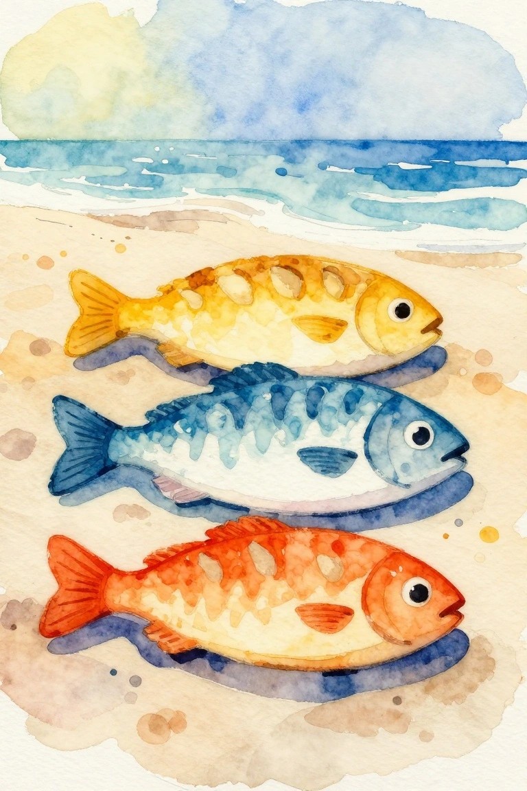 Three colorful spotted fish in watercolor on a sandy beach by the sea.