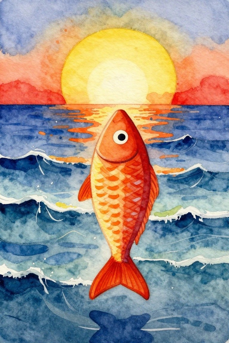 A watercolor painting of an orange fish leaping from blue waves beneath a large yellow sun at sunset.
