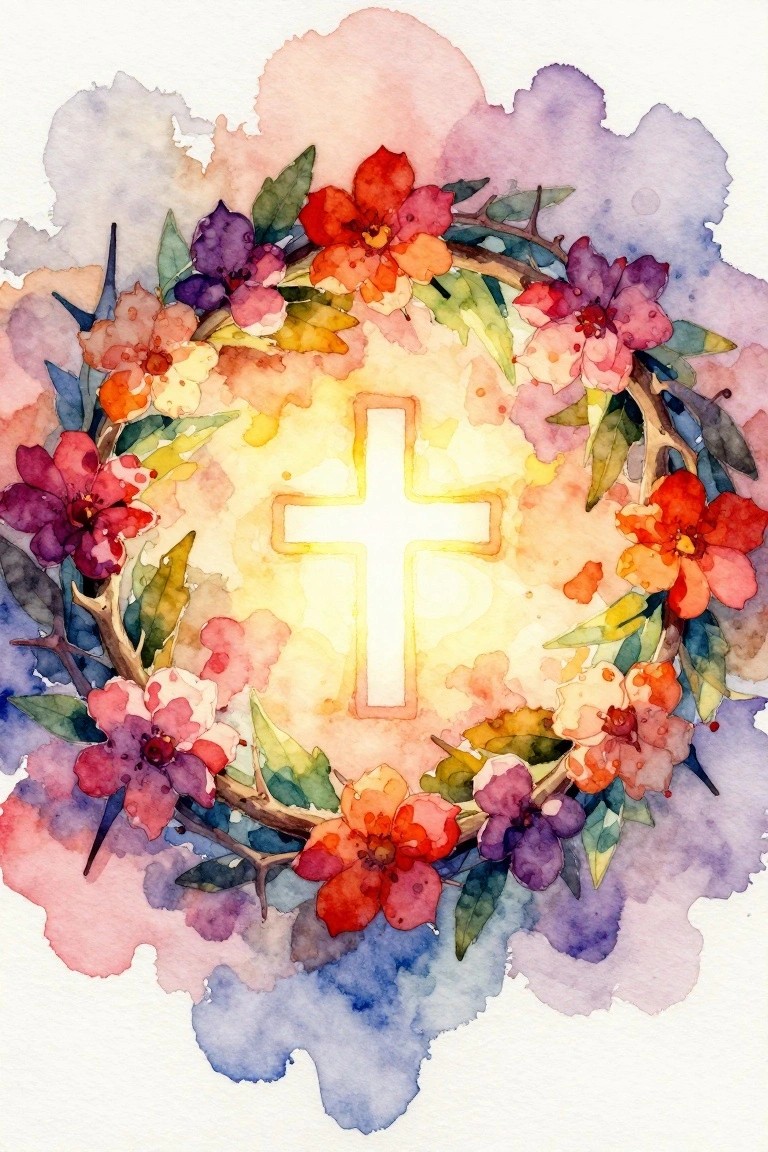 Watercolor floral wreath with thorns encircling a glowing white cross on pastel background