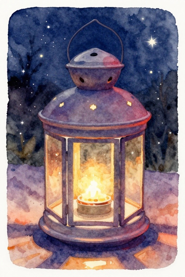 Watercolor painting of a glowing lantern under a starry night sky.