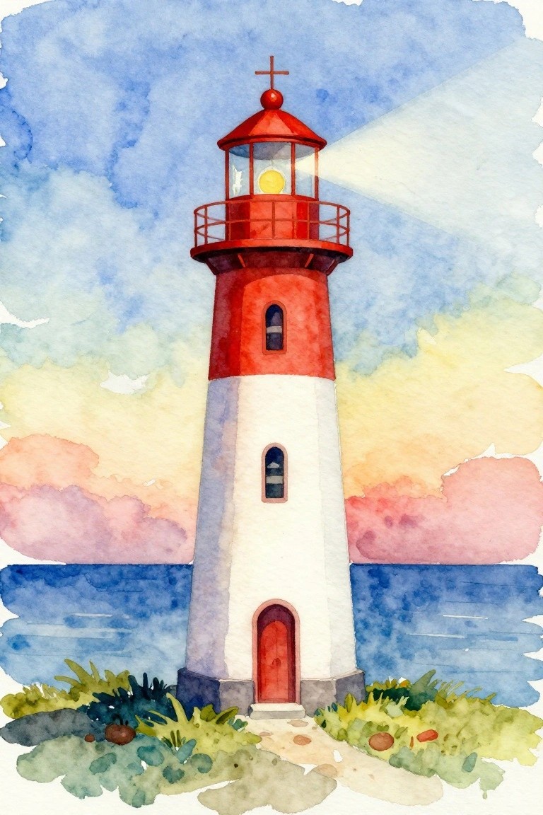 Watercolor of red and white striped lighthouse beaming light over the sea at dusk.