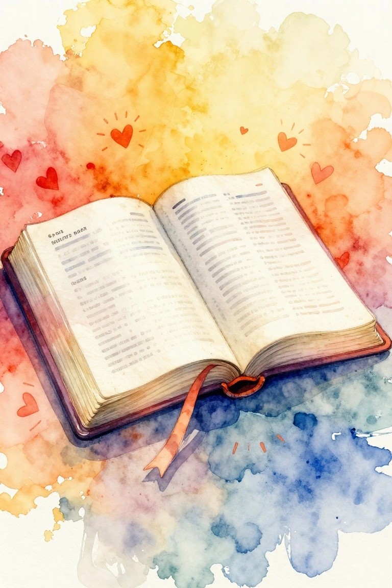 Open book with red bookmark on vibrant watercolor splashes amid floating hearts