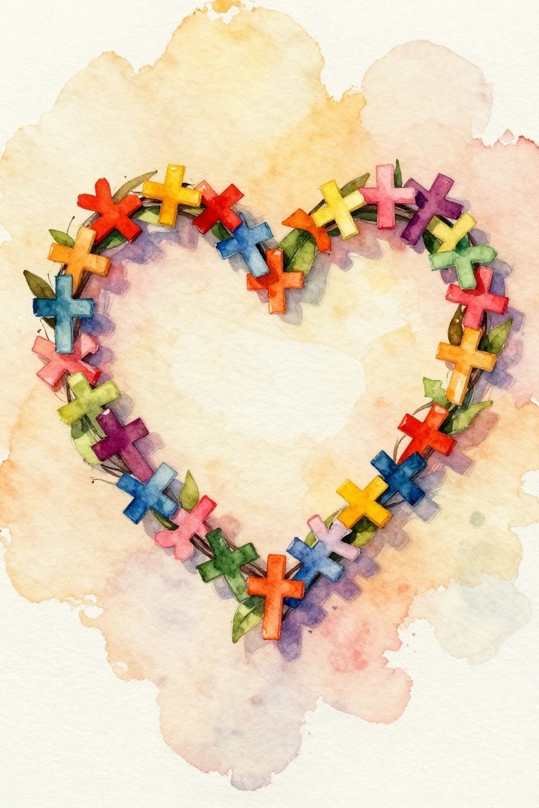 A heart shape formed by small colorful crosses with green leaves scattered among them on a soft yellow-orange watercolor background.