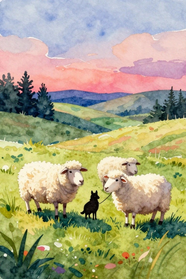 Two white sheep and black dog in watercolor landscape of rolling hills at sunset