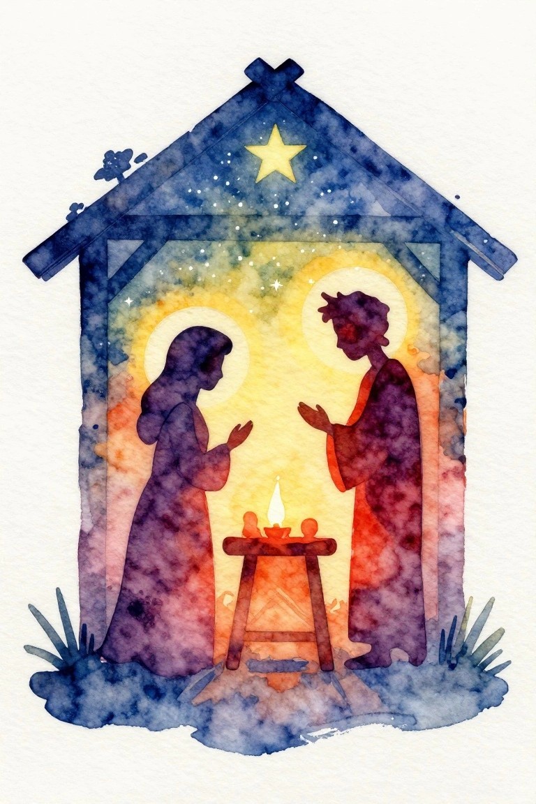Watercolor nativity with silhouetted Mary and Joseph praying over glowing manger under star