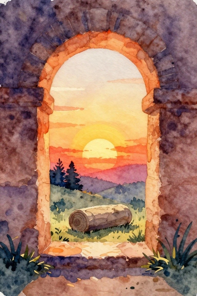 Watercolor of sunset through arched stone window with log on grassy hills