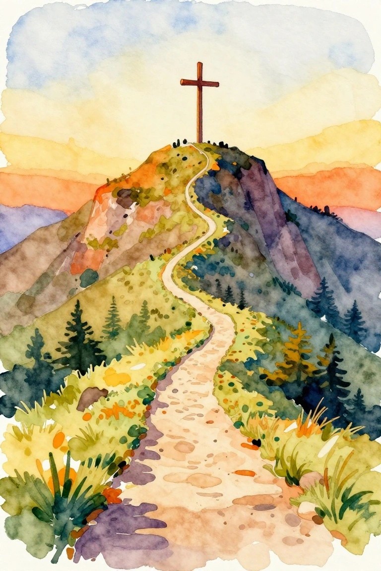 Watercolor landscape of winding path ascending colorful mountain to wooden cross at sunset.