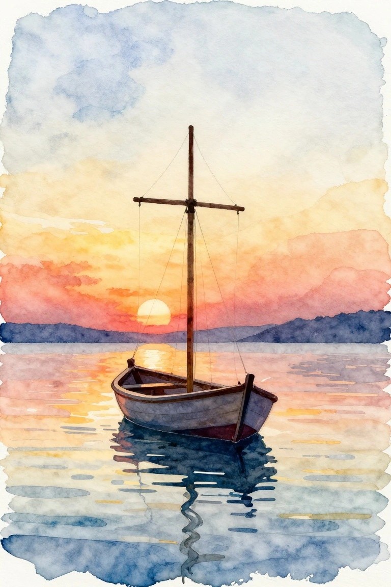 A watercolor painting of a small boat with a cross-shaped mast floating on calm water under a colorful sunset sky with reflections.