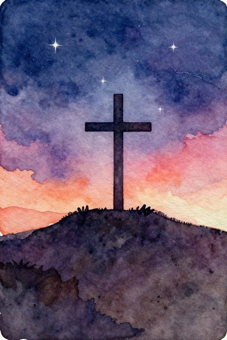Watercolor of silhouetted cross on hill under starry pink-orange sunset sky