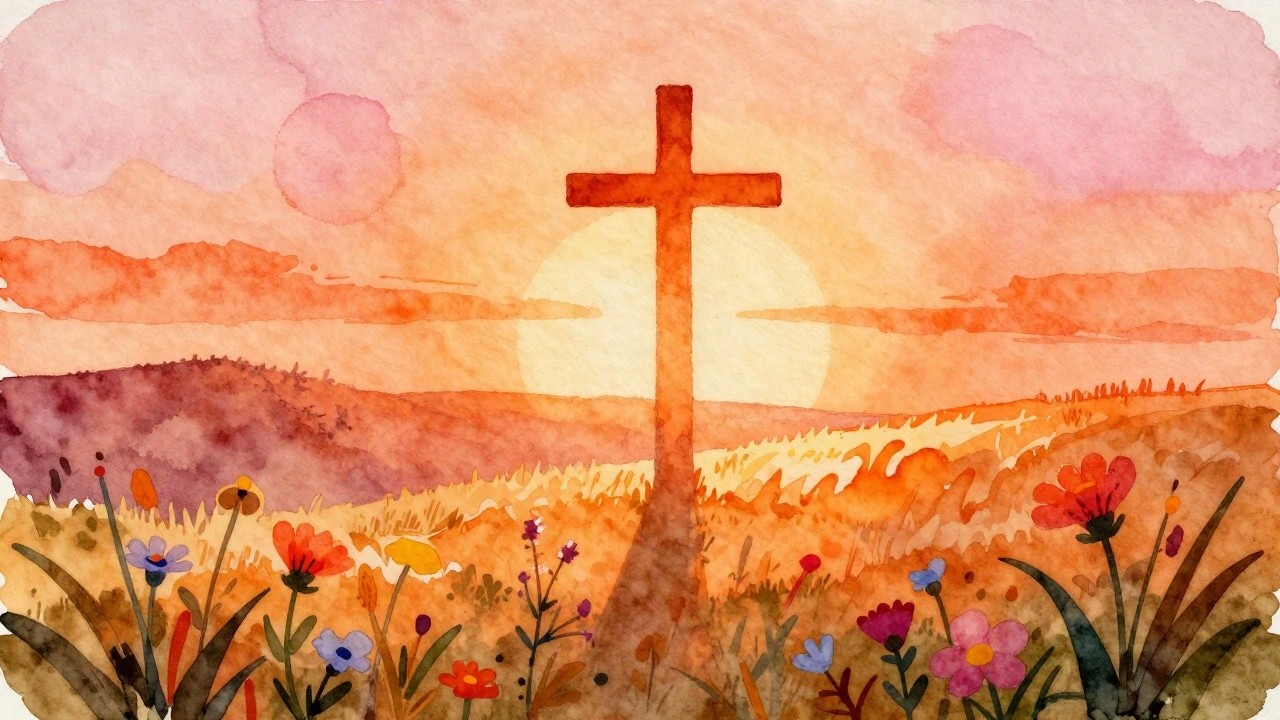 A watercolor painting of a wooden cross silhouetted against an orange sunset sky with hills in the background and colorful wildflowers in the foreground.