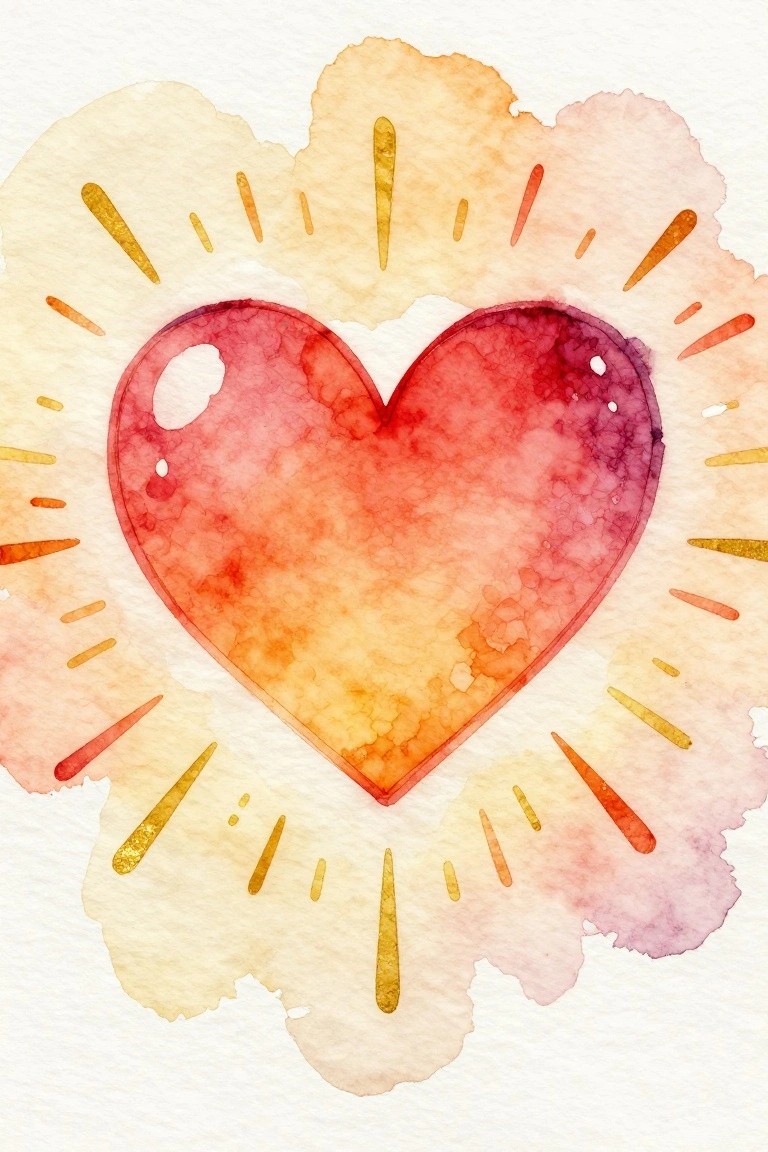 A red-orange watercolor heart with gold radiating lines on a soft yellow-pink background.