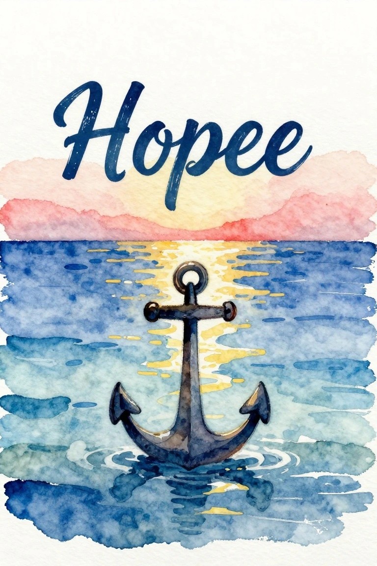 Watercolor anchor in blue ocean with yellow reflections under pink sunset sky and 'Hopee' text.