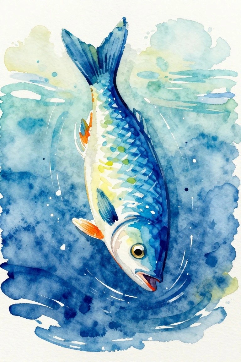 Watercolor blue fish with orange fins amid swirling blue and green splashes