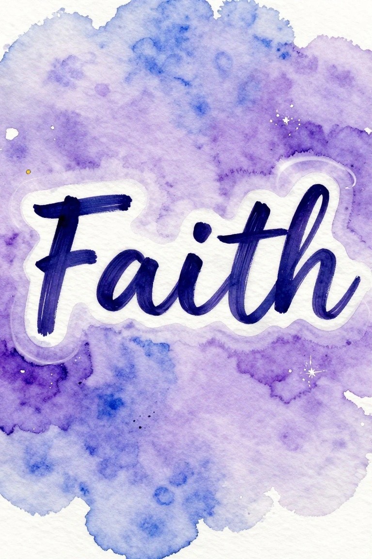 The word Faith appears in dark blue brush lettering with a white outline over a purple and blue watercolor background with scattered splatters.