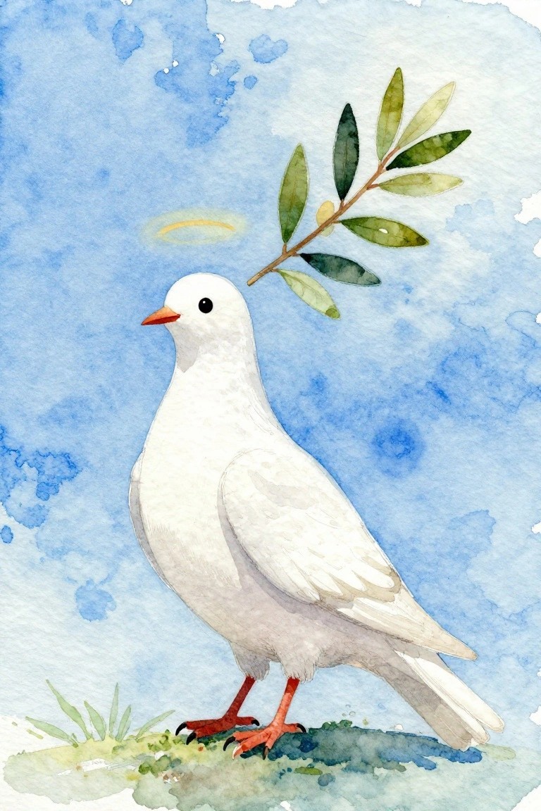 Watercolor white dove with olive branch and halo on blue background.