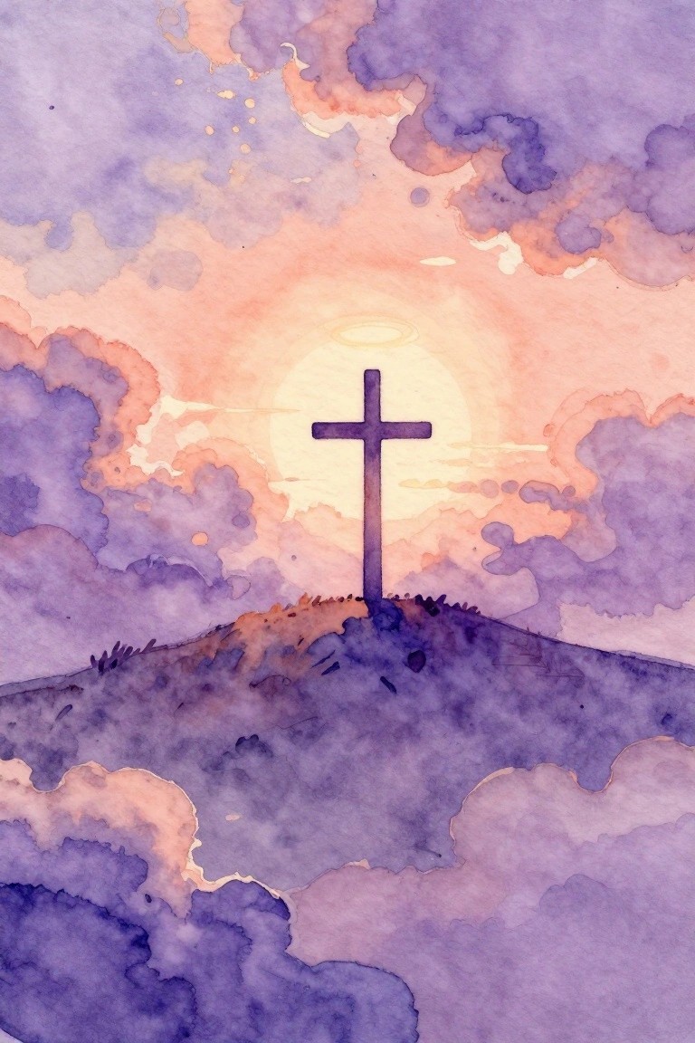 Watercolor cross silhouetted on a hill beneath a glowing sun and purple-orange clouds