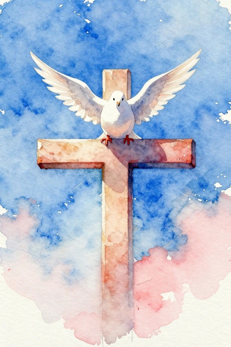 Watercolor of white dove with spread wings perched on wooden cross in blue sky