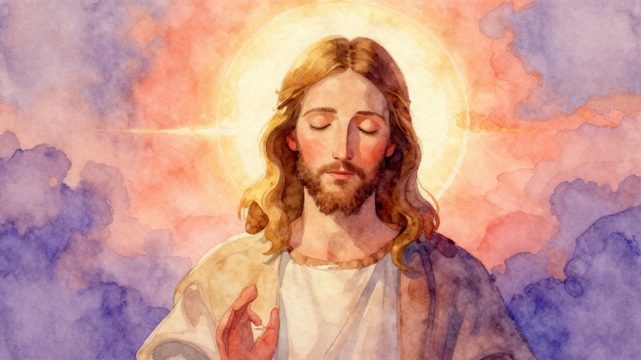 Watercolor Jesus with closed eyes, golden halo, white robe, red cloak, hand on chest.