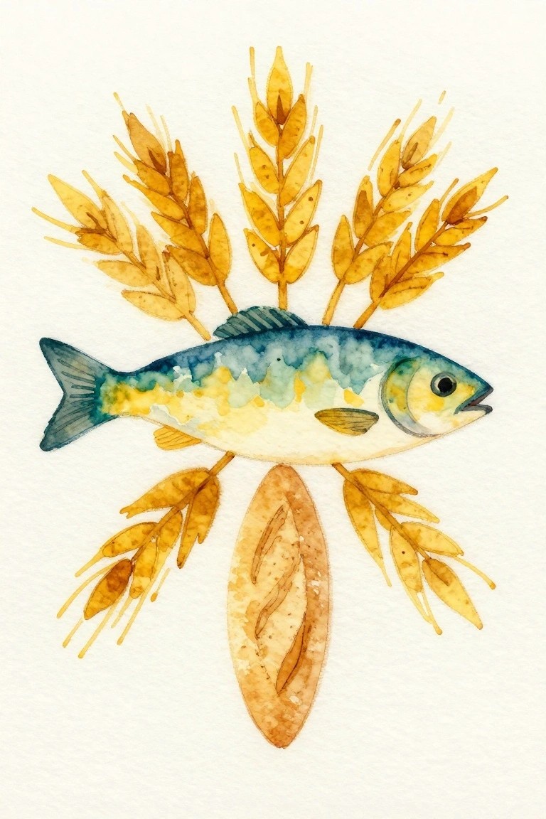 Watercolor fish with golden wheat stalks and a loaf of bread below