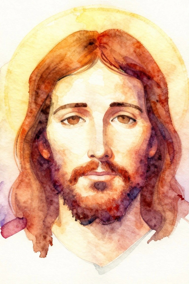 Watercolor portrait of Jesus with long auburn hair, beard, and golden halo