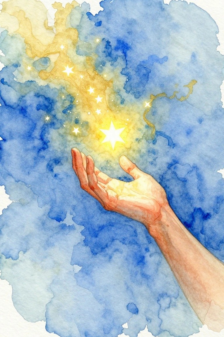 A watercolor painting of an open hand reaching upward with a bright glowing star above the palm and smaller stars scattered in a blue and yellow background.